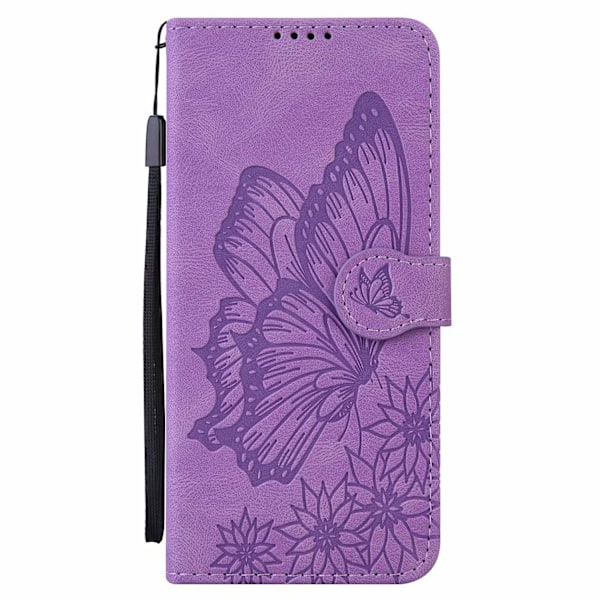 Kotelo iPhone 13 Pro 6.1:lle, violetti retro kohokuvioitu perhoskuvio, korttipaikka, lompakko, nahkaa