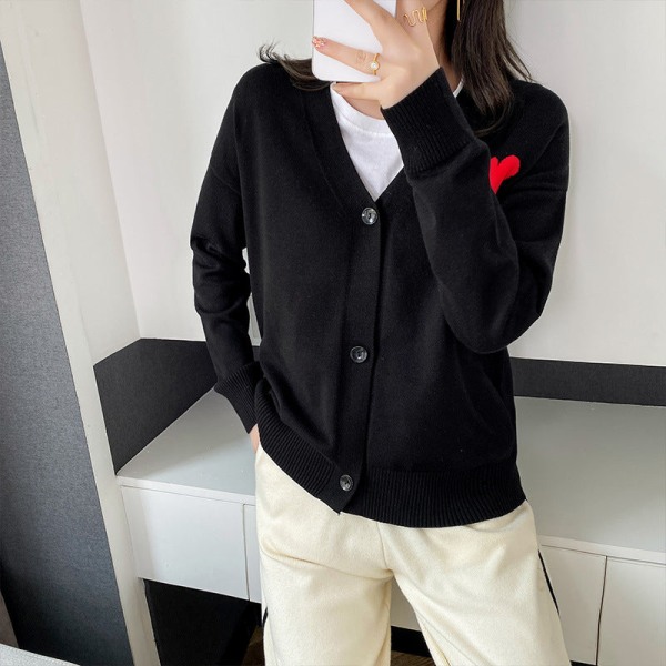 Kvinnor Stickat Höst Vinter Tröja Love Heart en V-ringad Hjärta Broderi Cardigan Jacka Black M