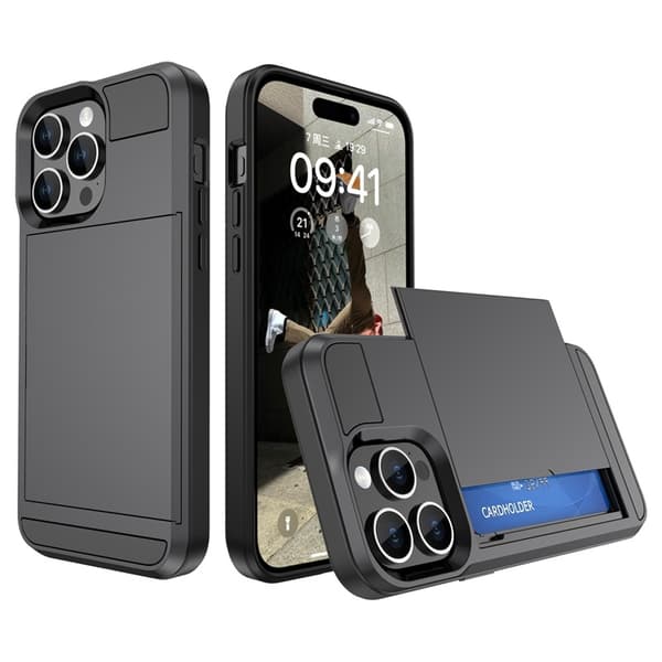 Fodral för iPhone15Pro skjutbart kortfack grå slot armor