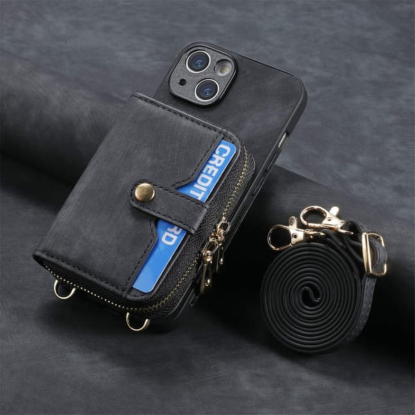 Etui til iPhone 14 Plus, sort læder, stor kapacitet, opbevaring, hardware, dobbelt lynlås, lang lanyard wal