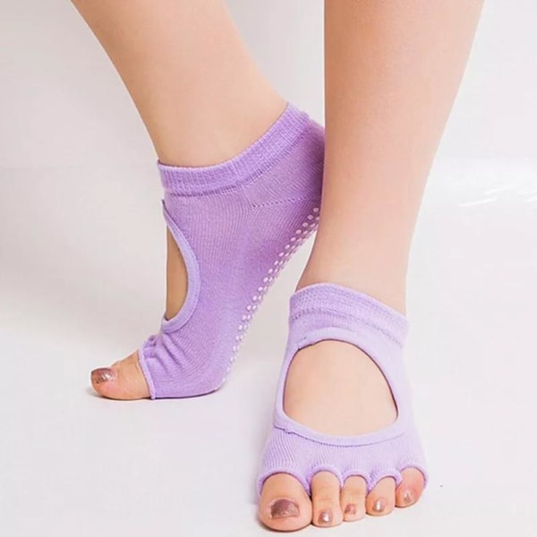 2 par kvinner Yoga sokker Anti-skli fem fingre ryggløs silikon Sklisikker 5 tå sokk Ballett Gym Fitness Purple one Size