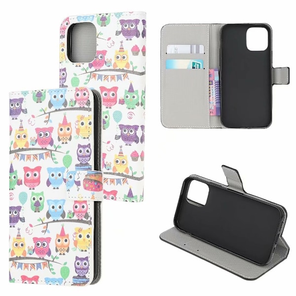 Fodral för iPhone 13 mini Multi head owl målat läder kortplats plånbok tryck