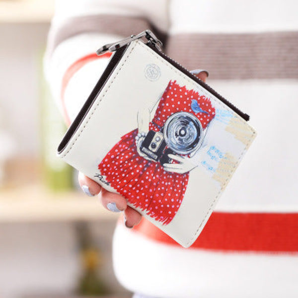 Kvinner lommebok mynt veske Kort koreansk Pu tegneserie søt sammenleggbar glidelås White