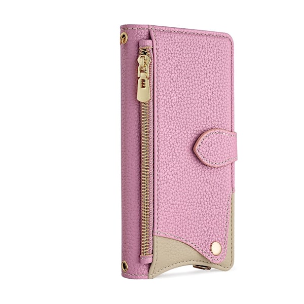 Etui til iPhone 13 Pro Max pink enkelt læder etui kosmetisk spejl crossbody kortholder
