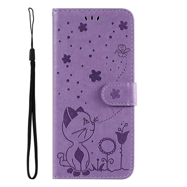 Etui til iPhone 14PLUS Lys Lilla Præget Kat Bi Læder Etui Præget