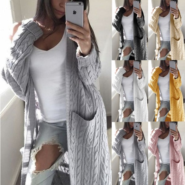 Kvinner Strikk Høst Vinter Genser Lang Dobbel Pocket Full Body Twist Cardigan White L