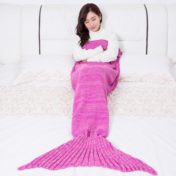 Uldtæppe Mermaid Tæppe Strikket Tæppe Havfrue Haletæppe Sofabetræk Rose Red 70*140cm