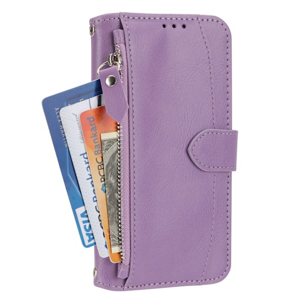 Etui til iPhone 15 6.1 lilla lynlås multifunktionel kortslot pung læder retro holder på lager