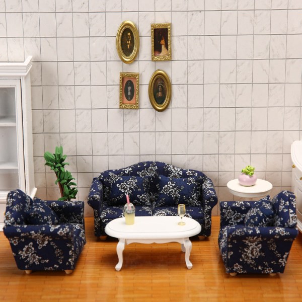 Miniaturemøbler Legetøjsdukker Hus gør-det-selv-dekorationstilbehør Mini 1:12 blå klud Lille blomstret high-end sofa Double sofa
