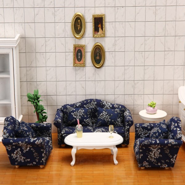 Miniatyrmøbler Leketøy Dukker Hus Gjør-det-selv-dekorasjon Tilbehør Mini 1:12 blå klut Liten floral high-end sofa Double sofa