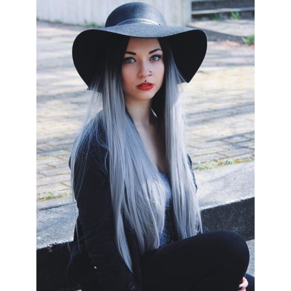 Naisten peruukki Keskipitkät suorat hiukset Musta Gradientti valkaistu sininen harmaa päähine W3