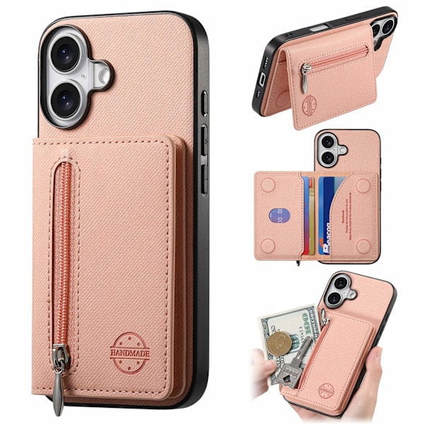 Etui til iPhone 15 Pro Max Rosa Stativ Stor Lagring Kortinnsetting Anti-fall Enkelt Lær