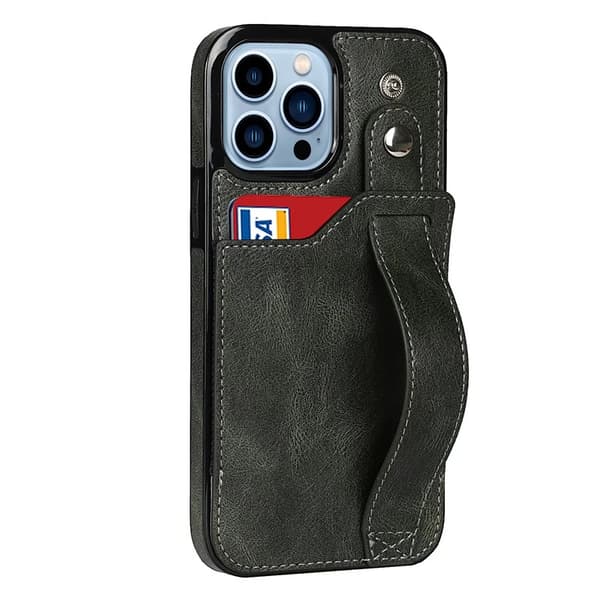 Etui til iPhone 15 Pro Smaragd Håndleddsstropp Kortetui Håndledds Lærholder Lommebok
