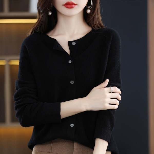 Kvinder strik efterår vinter sweater koreansk rund hals ensfarvet uld strik cardigan ydre toppe Black L