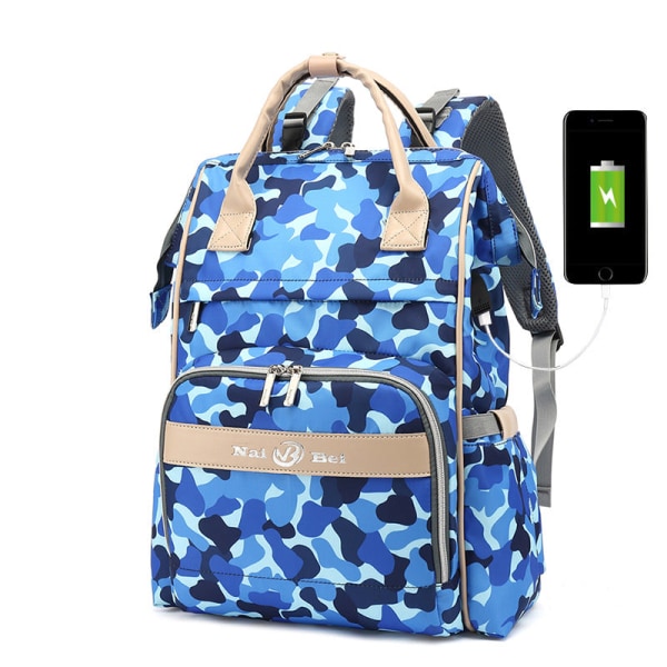 Vaippalaukut Äitilaukku Reppu Muoti Monitoiminen Suurikapasiteettinen USB portti camouflage blue