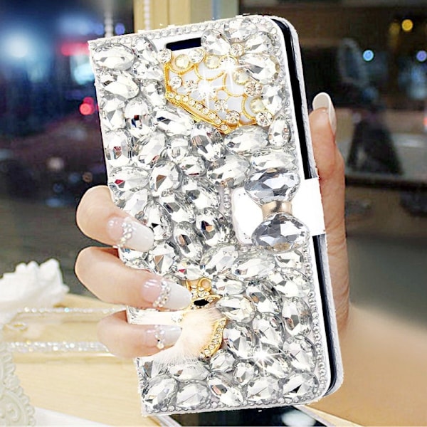 Fodral för iPhone 14plus Crown Fox Full Diamond Vitt Läder Fullt Rhinestone Kortplats