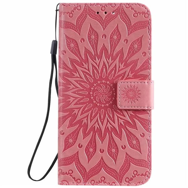 Etui til iPhone 13 rosa lær solsikke preget totem