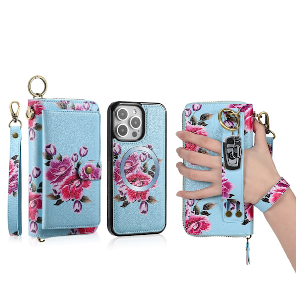 Fodral för iPhone15PROMAX himmelsblå ros kortplats plånbok läder snodd retro magnetisk sug