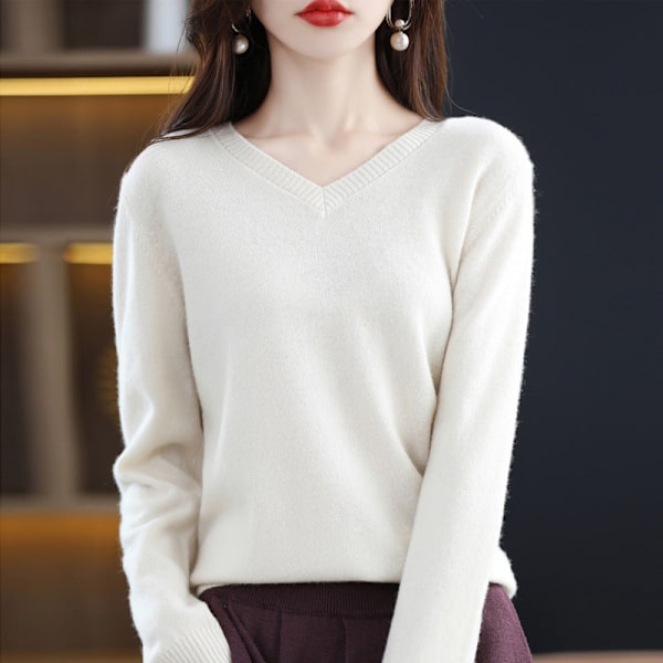 Kvinnor Stickat Höst Vinter Tröja Mohair Stor Storlek Rund Hals Ull Pullover V-ringad Tröja White S