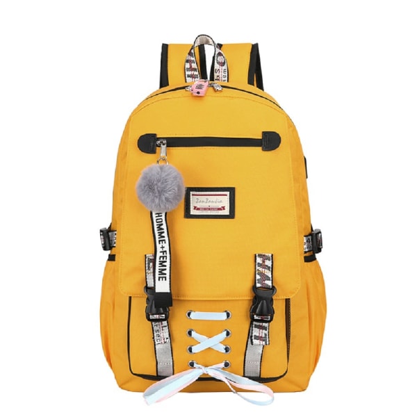 Skolstudentryggsäck Collegebokväska Resväska Casual USB -laddning Slitstark Yellow.
