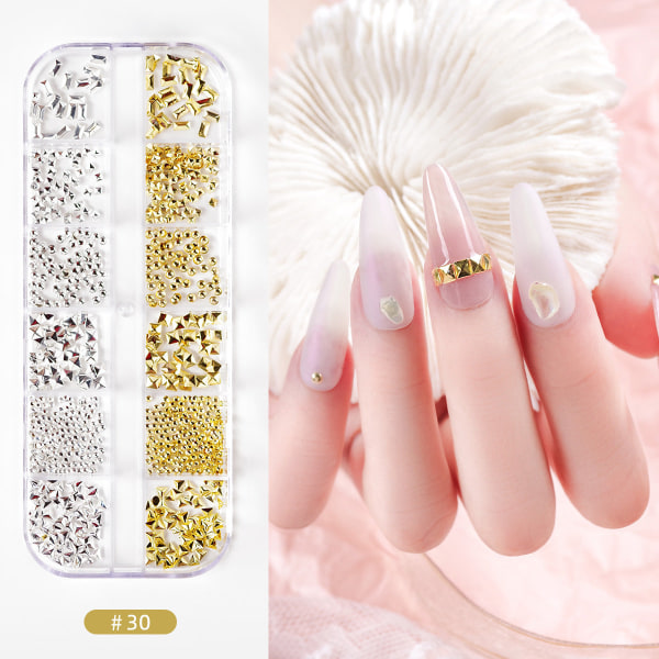 Kynsikoristeet nail art tekojalokivi pohjapora ontto niitti kynsi strassikiveä kiinnittäviä paljetteja värikkäitä kristalleja 30-gold and silver geometric Rivet