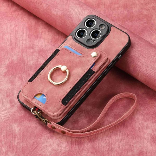 Skal för iPhone 13 rosa [med läderrem] stöldskydd borstring spänne rem multifunktion c