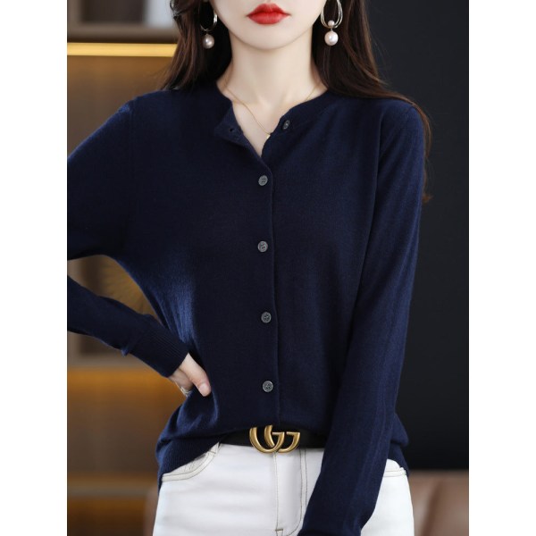 Damestrik efterår vinter sweater rund hals sweater ensfarvet cardigan ydre frakke top Navy blue M