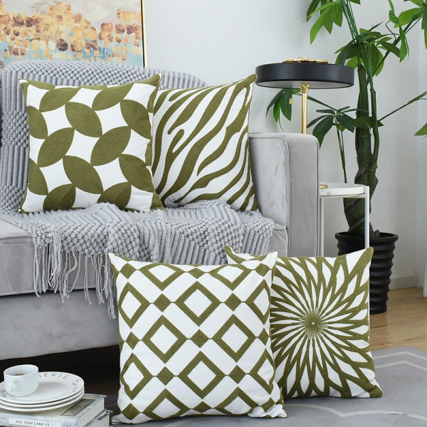 Nordic Geometric Green SUNFLOWER Broderiputetrekk, friskt og mykt med putekjerne Water pattern 45*45 (with core)