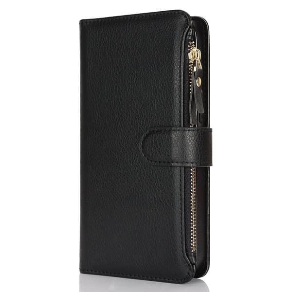Etui til iPhone 14 6.1 sort multifunktionel solid lynlås armbånds-pung multi-kort læder