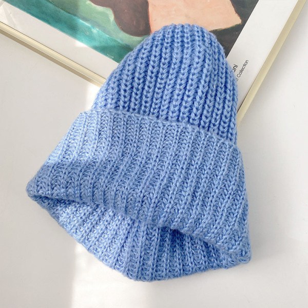 Varm vinterstickad mössa Ull Kvinnor Höst och vinter Koreansk stil Modemärke Varm unisex Blue M（56-58cm）