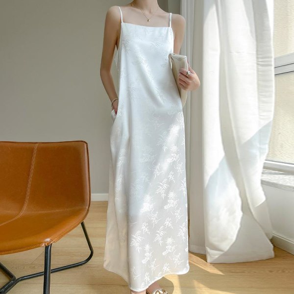 Silk Suspender Dress ärmlös satin lång klänning off-neck Sexig White XL