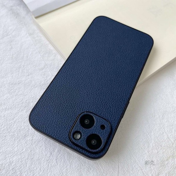 Fodral för iPhone 14 lychee blått läder fullständigt anti-fall enkelt solid high end nisch