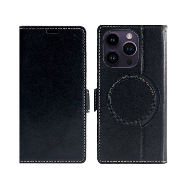Kotelo iPhone 13 Pro -puhelimelle, musta, langaton lataus, nahkainen korttipaikallinen lompakko