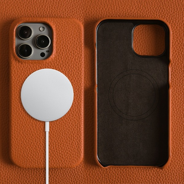 Etui til iPhone15 orange læder magnetisk højkvalitets okselæder