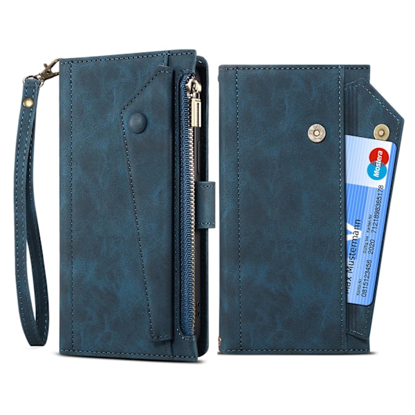 Fodral för iPhone 14 påfågelblå läder snodd crossbody dragkedja myntbörs