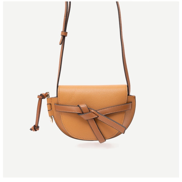 Women Leather Handbag Mini Mobile Phone Bag Trendy Leather Packet Crossbody Bow Saddle Bag Light brown