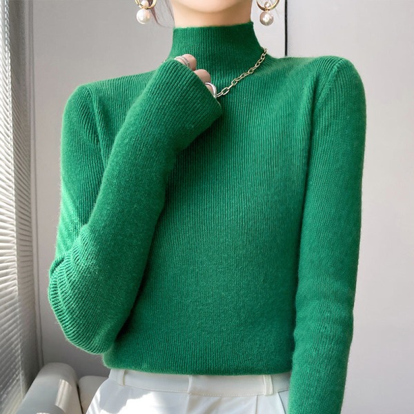 Kvinder Strik Efterår Vinter Sweater Halv rullekrave Uld Slim-Fit Langærmet Pullover Snørebånd Green XL