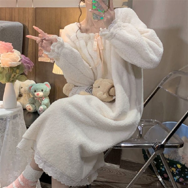 nattlinne mellanlång kjol lös korall sammet varma hemkläder Dam plysch pyjamas Ensemble white 175(XXL)