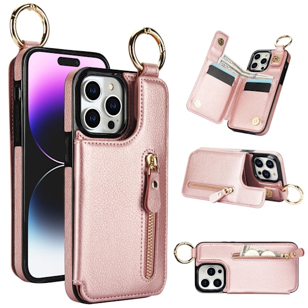 Fodral för iPhone 14 Pro 6.1 roséguld läder multifunktionell plånbok