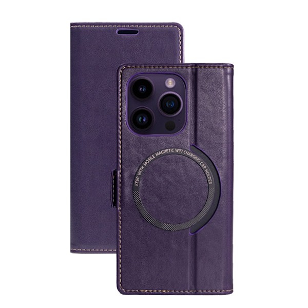 Kotelo iPhone 14 PLUS/MAX -puhelimelle, violetti nahka, magneettinen lataus, korttipaikka, läppämalli
