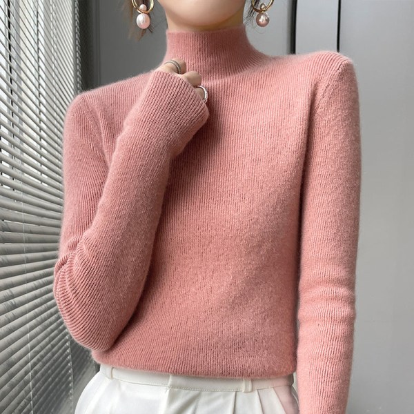 Kvinder Strik Efterår Vinter Sweater Halv rullekrave Cashmere Løs cardigan bundskjorte Leather pink XL