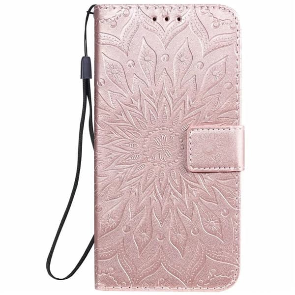 Etui til iPhone 16 roségull lær solsikke preget totem