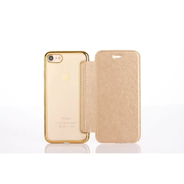 Skal för iPhone 14 Plus guld elektropläterad kortplats litchi spår läder spänning