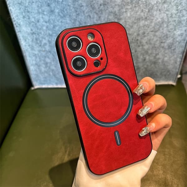 Fodral för iPhone 14plusrött lammskinn magnetisk lädertextur full