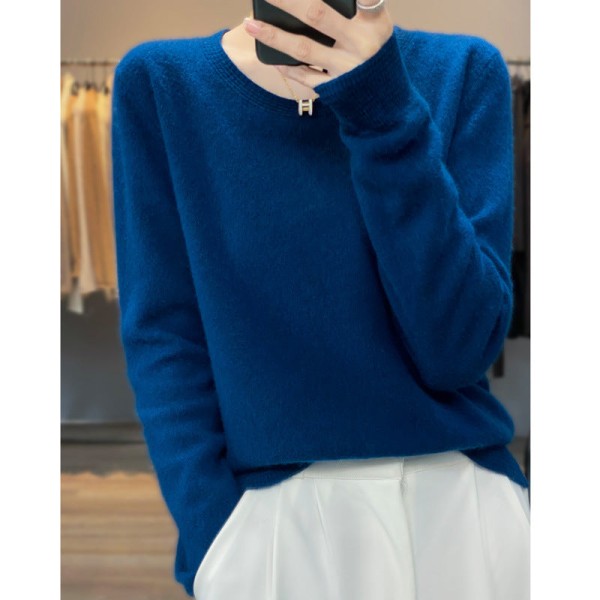 Kvinder Strik Efterår Vinter Sweater Rund Hals Indvendig Base Skjorte Hestehoved ærme Løs Seaweed blue XL