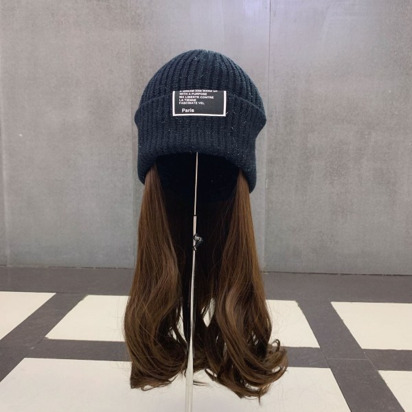 Varm vinterstickad mössa lila koreansk stil All-Match osynlig avtagbar mössa peruk unisex Black-knitted hat wig M（56-58cm）
