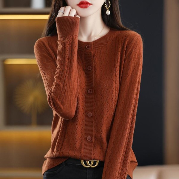 Kvinder strik efterår vinter sweater rund hals hul uld cardigan ensfarvet frakke Caramel XL