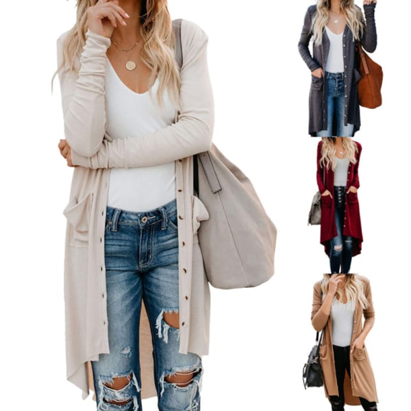 Damestrik efterår vinter sweater enkeltradet cardigan langærmet knapfrakke Brown S