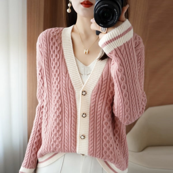 Kvinder Strik Efterår Vinter Sweater V-hals Farveblok Twisted Cardigan Baggy Coat Pink L