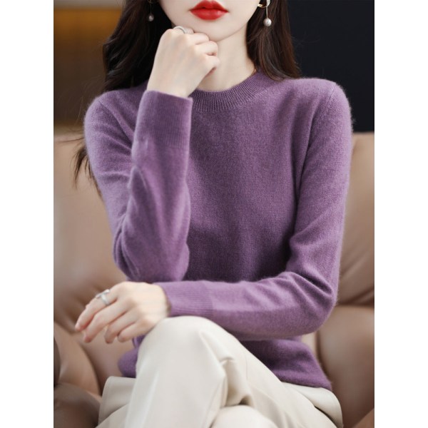 Damestrik efterår vinter sweater ensfarvet rund hals pullover langærmet slankende bund Purple 90*57*57cm
